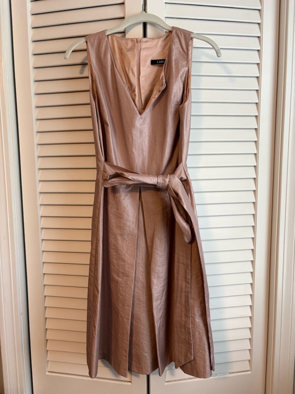 Caroll Sleeveless Pink Metallic A-Line Dress with Waist Tie